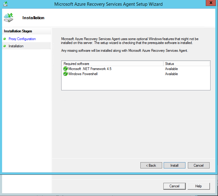 azure recovery services confirm install